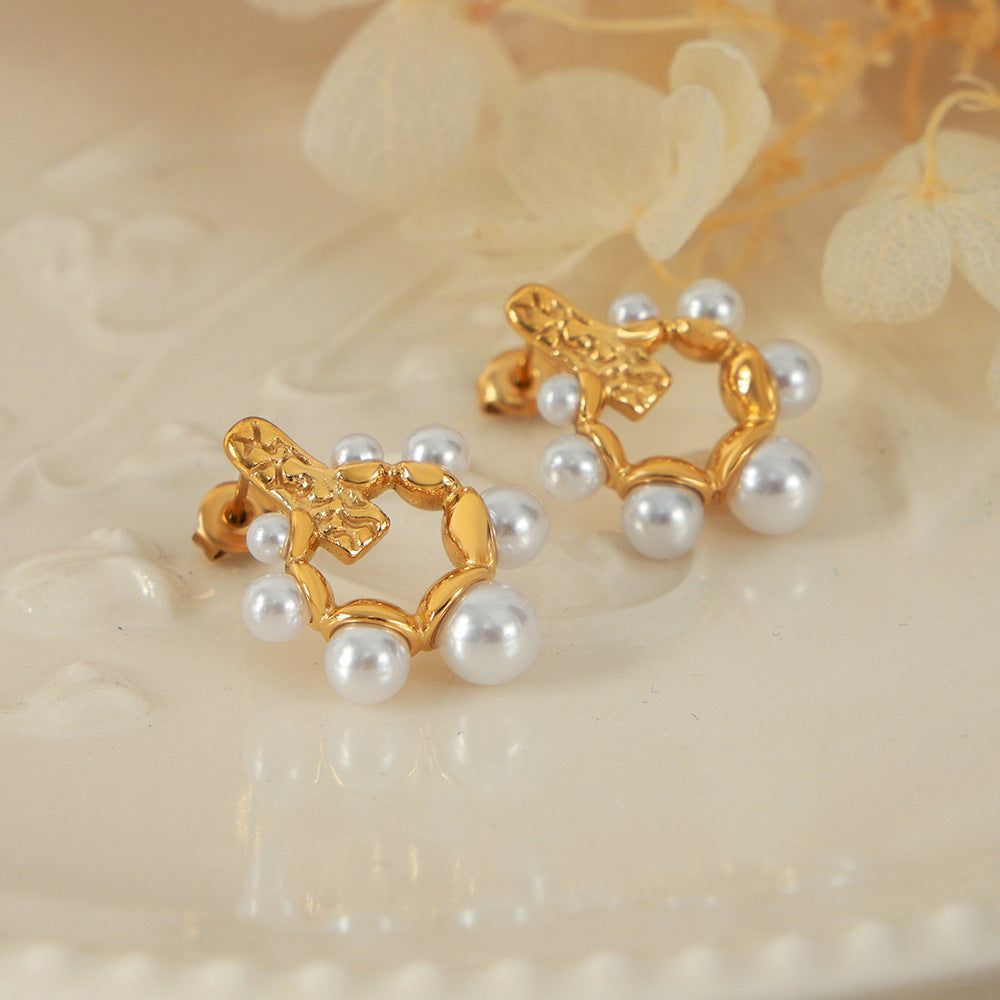 Elegant Noble Pearl Hollow Women's Earrings in Titanium Steel Gold Plating