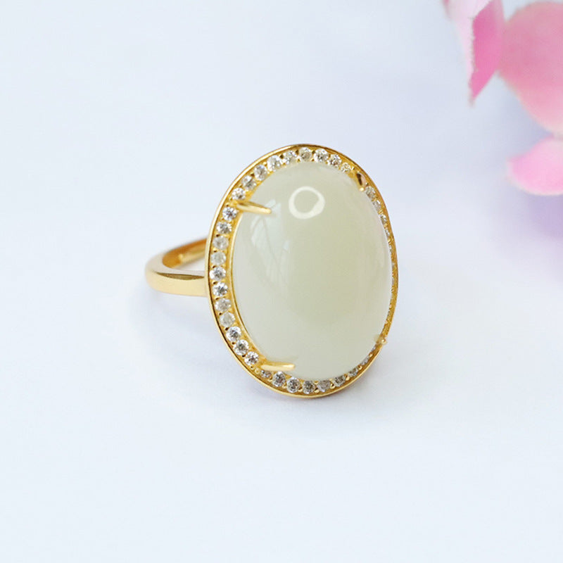 Hetian Jade Oval Sterling Silver Ring