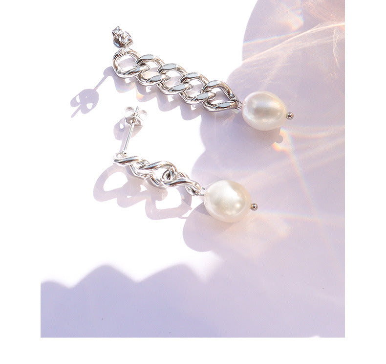 Freshwater Pearl Asymmetric Chain Earrings - Titanium Autumn/Winter Jewelry