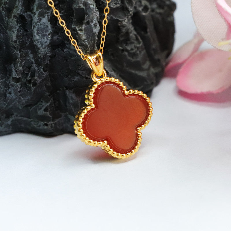 Red Agate Clover Pendant with Golden Edge