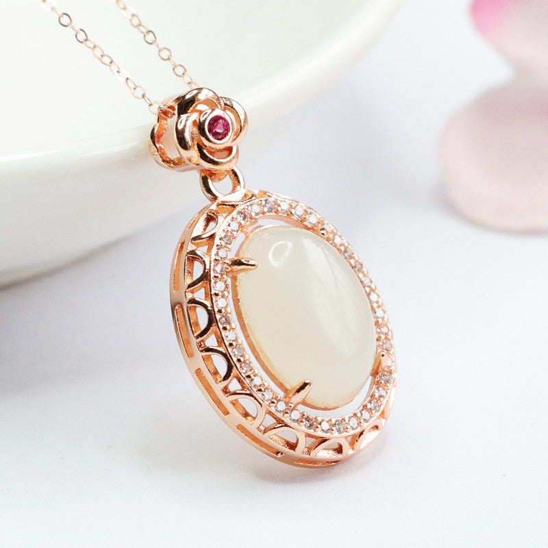 Halo Rose Zircon White Jade Oval Necklace crafted with Hetian Jade