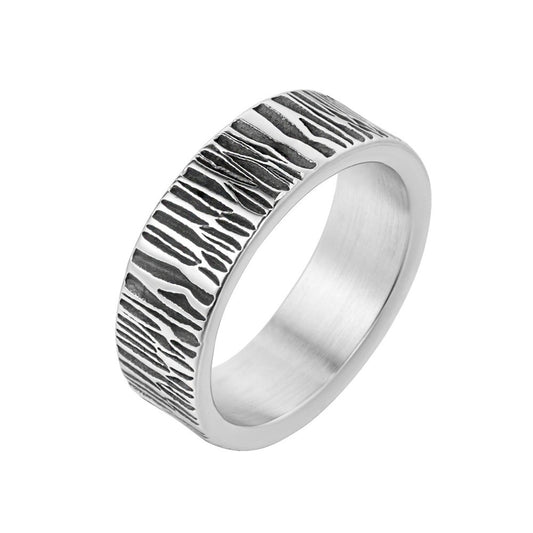 European and American Retro Cold Wind Titanium Steel Ring - Tree Bark Pattern Men's Ring