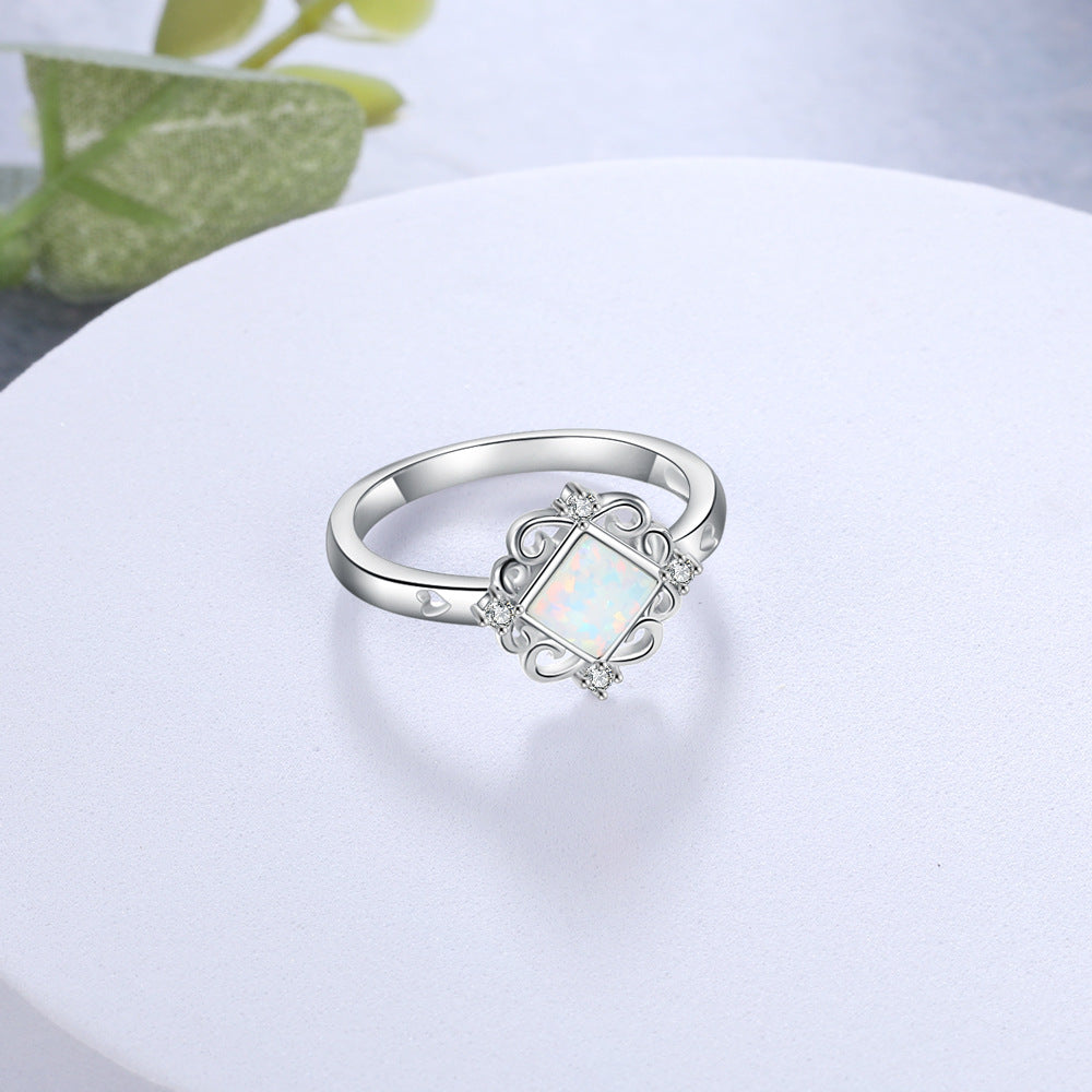 Palace Style Square Opal with Four Small Zircon Sterling Silver Ring