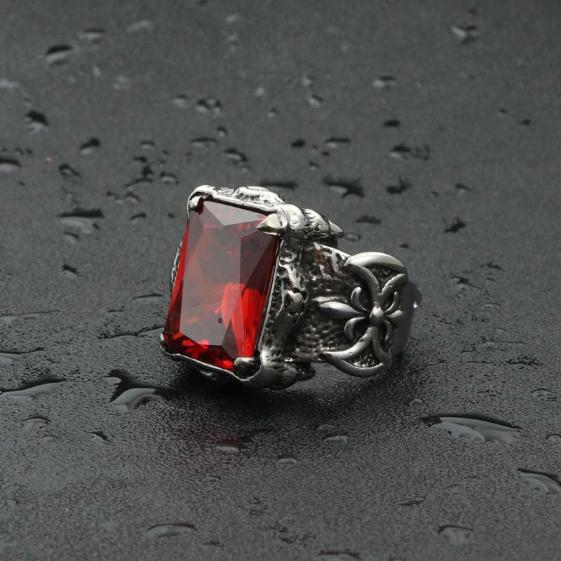 Retro Hipster Punk Titanium Steel Ring with Red Zircon Inlay for Men - Premium Stainless Steel Accessory Direct from Manufacturer