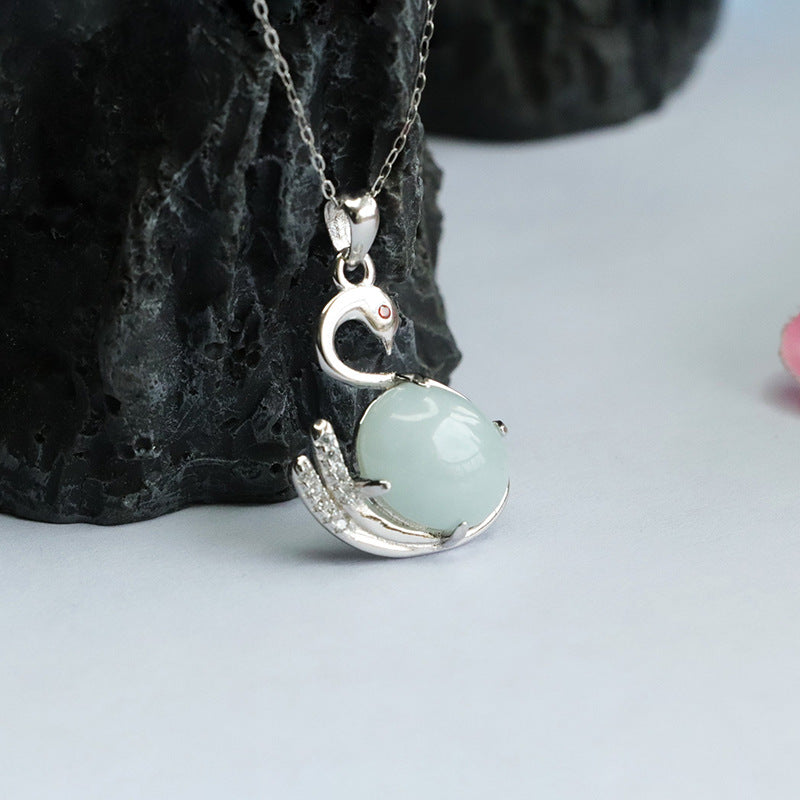 Swan Pendant Necklace with Genuine Myanmar Jade in Sterling Silver