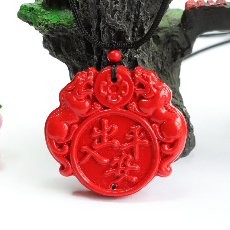 Vermilion Sand Pendant with Red Double Pixiu and Double-Sided Carving for Luck and Protection