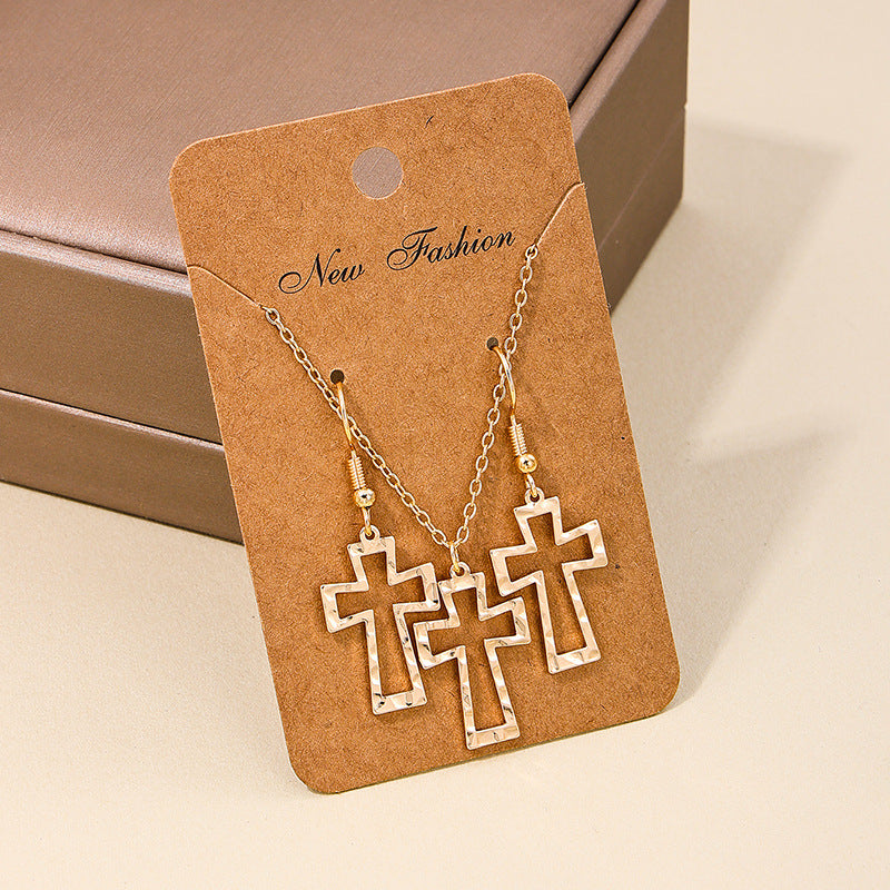 Bohemian Hollow Cross Necklace and Earrings Set with European Charm