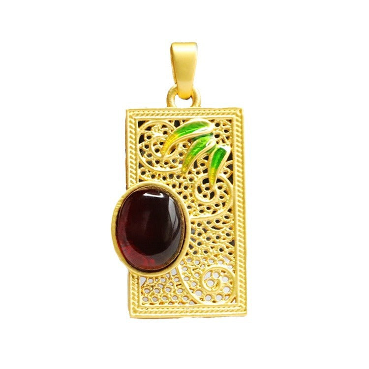 Chinese Jewelry Collection: Sterling Silver Bamboo Leaf Pendant Necklace with Beeswax Amber Gem