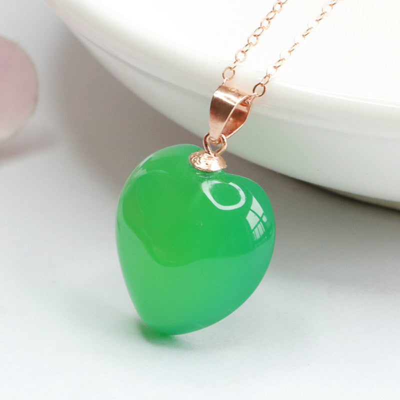 Rose Gold Necklace with Sterling Silver Green Chalcedony Love Pendant