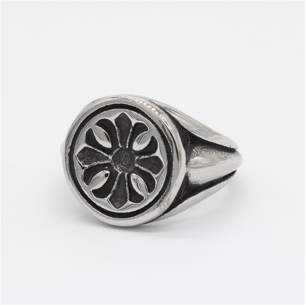 Cross Flower Round Titanium Steel Ring for Men