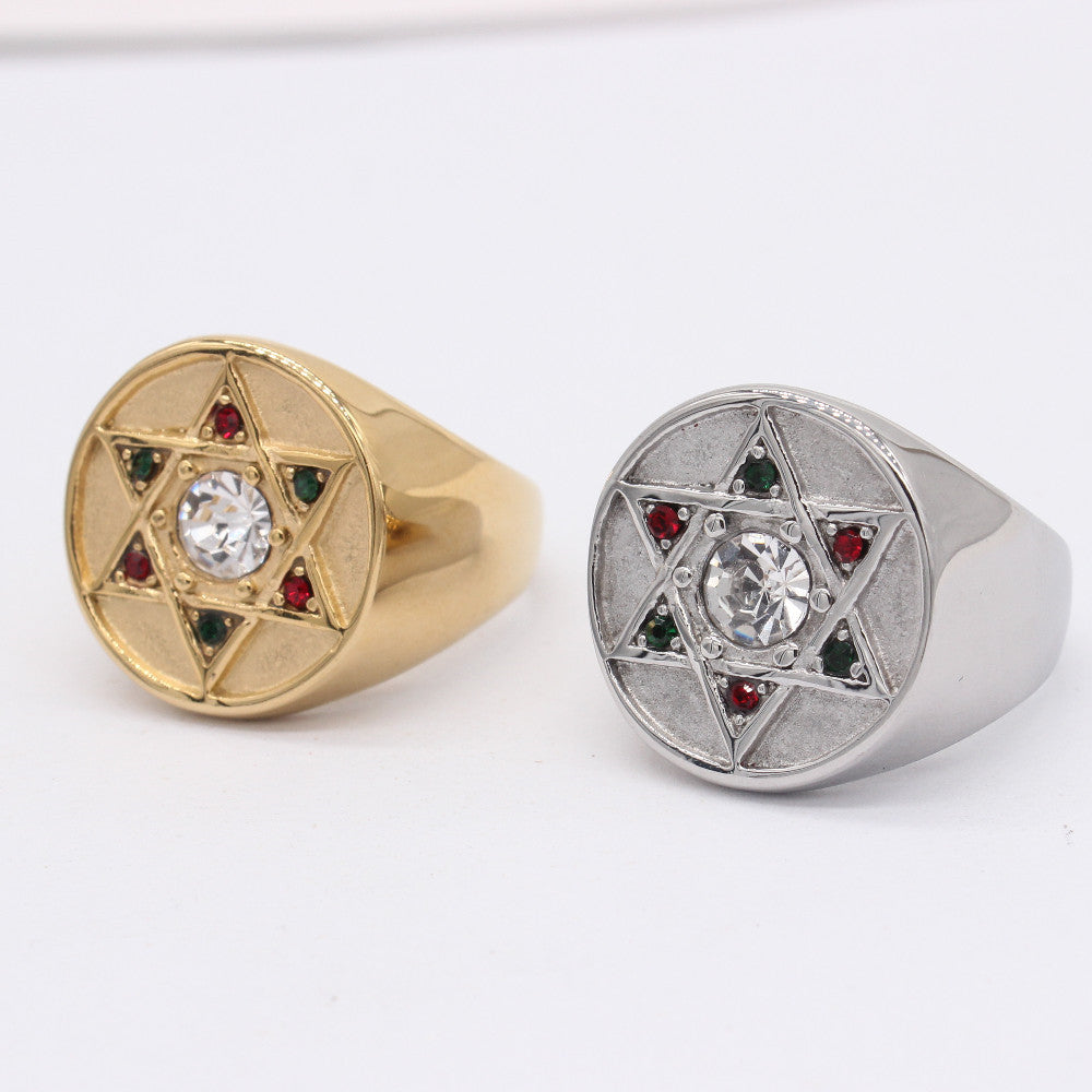 Fashion Simple Six-pointed Star Colourful Zircon Titanium Steel Ring for Men