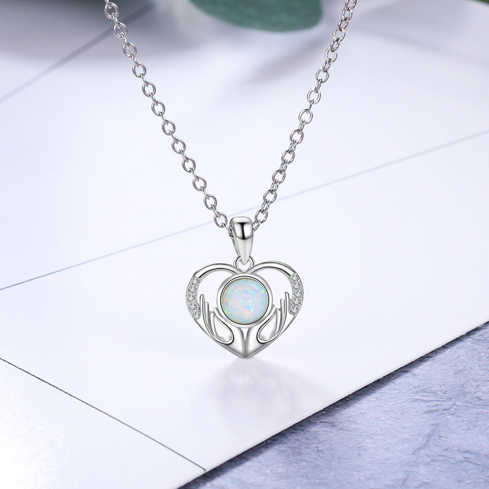 Holding Round Opal with Zircon Love Pendant Sterling Silver Necklace