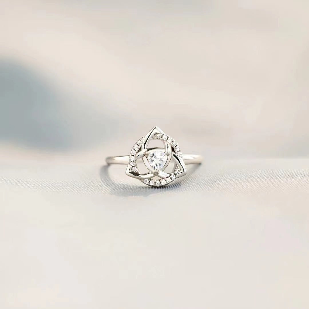 Triangle Zircon Trefoil Flower Opening Sterling Silver Ring