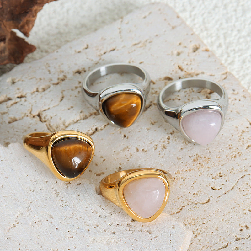 Natural Pink Spar and Tiger's Eye Titanium Steel Couple Ring