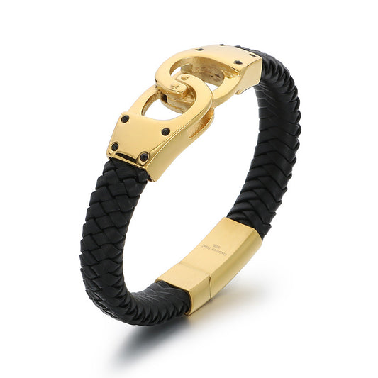 Stylish Black Woven Leather Rope Bracelet with Vacuum Electroplated Titanium Steel for Men