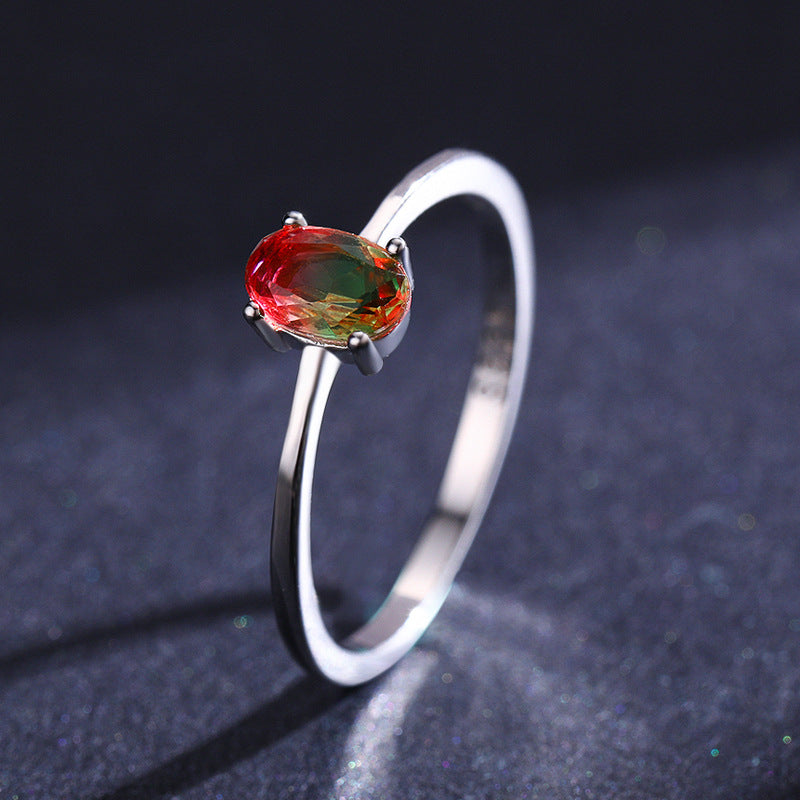 Sterling Silver Watermelon Tourmaline Gradient Ring for Women - European & American Style Jewelry