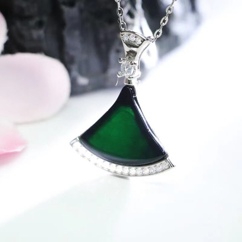 Sterling Silver Skirt Pendant Necklace with Blackish Green Jade