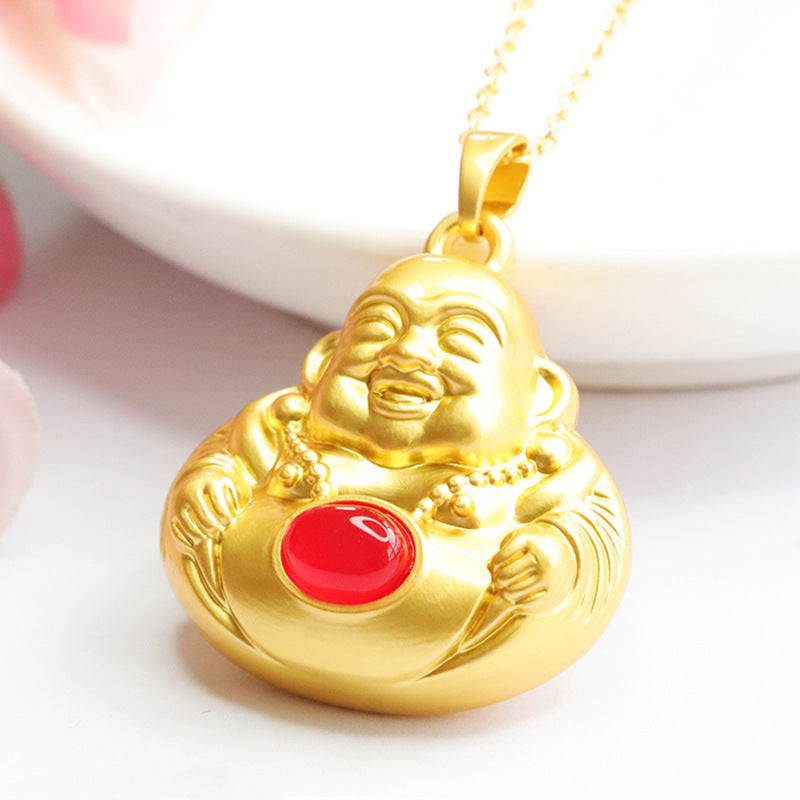 China-Chic Sterling Silver Maitreya Buddha Pendant with Natural Red Agate and Green Chalcedony