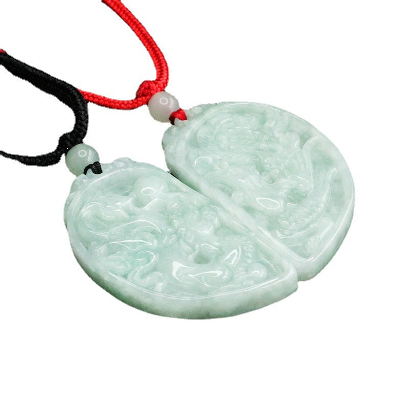 Dragon and Phoenix Jade Pendant Set - Sterling Silver Jade Jewelry