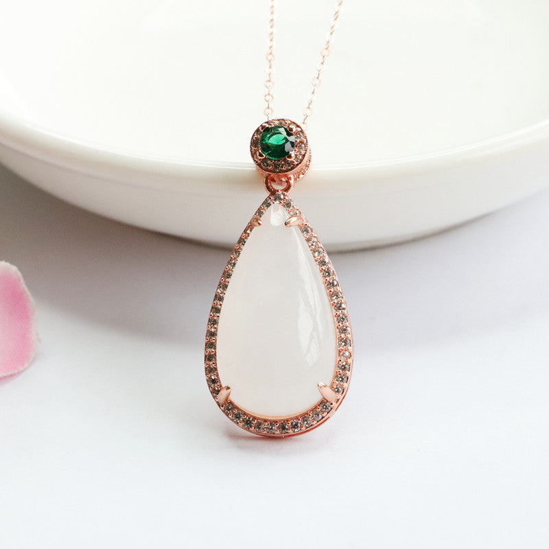 Water Droplet White Jade Necklace with Sterling Silver Jade Pendant