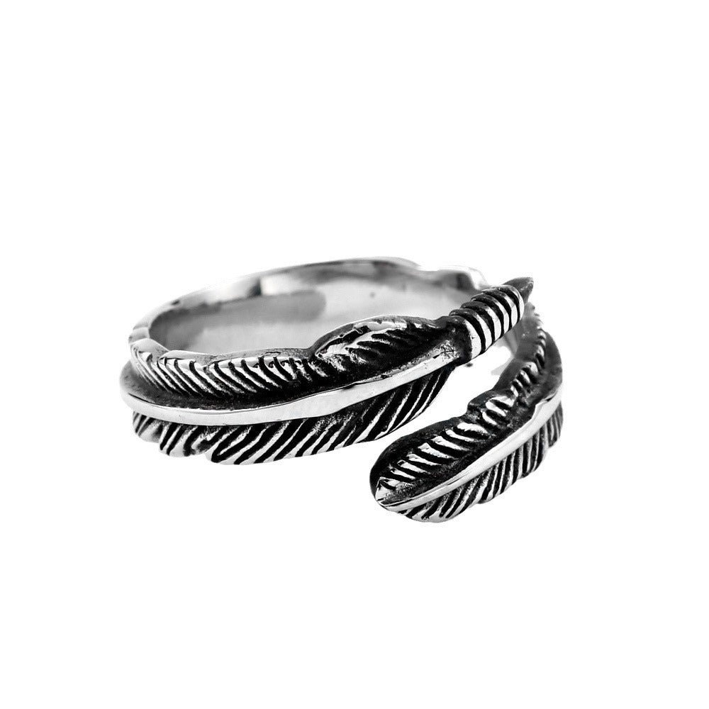 Vintage-Inspired Titanium Steel Open Ring Set with Angel Wings for Couples, Featuring Takahashi Feather Design for Men