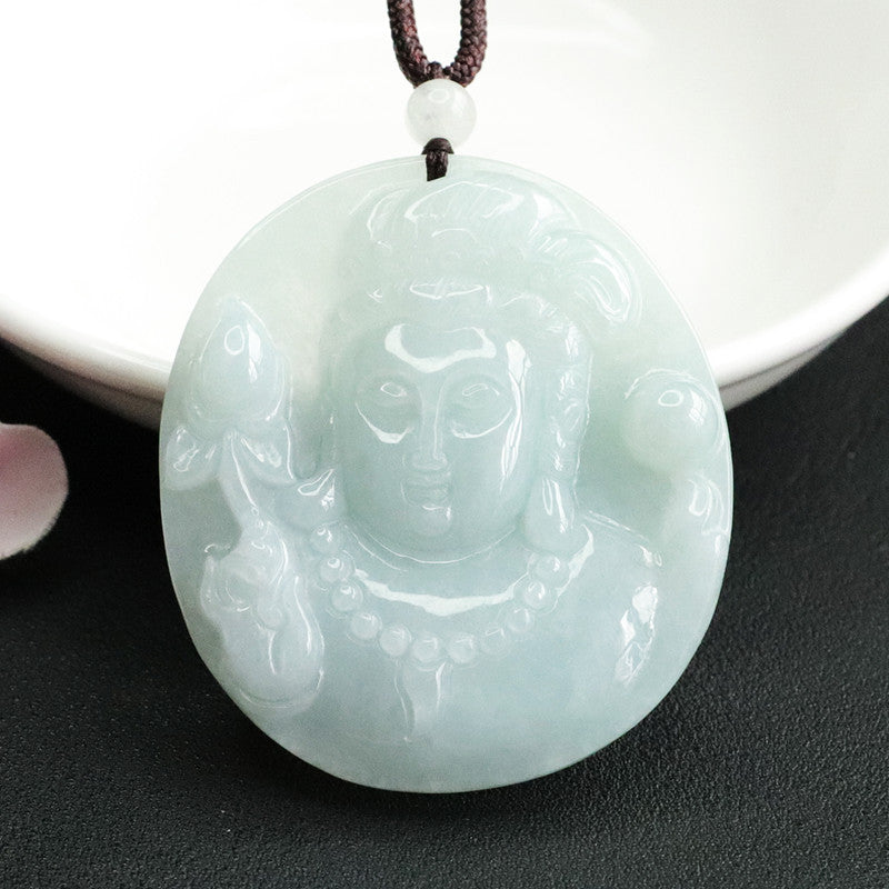 Enchanting Natural Jade Guanyin Avatar Sterling Silver Pendant