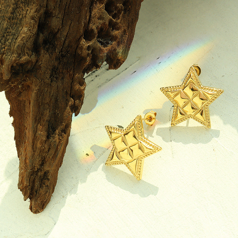 Golden Titanium Steel Pentagonal Star Earrings with French Retro Charm