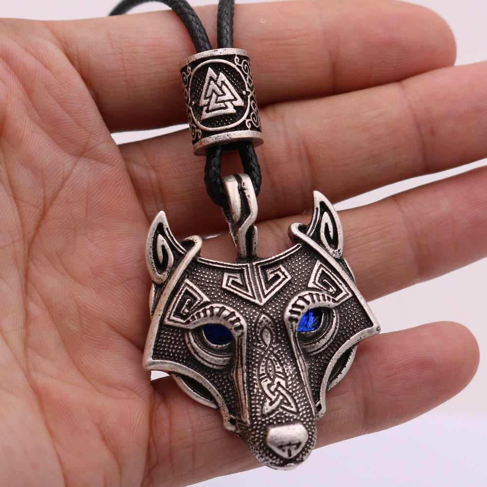 Viking Wolf Head Necklace with Celtic Knot Rune Beads for Men from Norse Legacy Collection