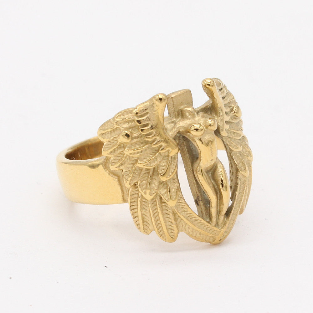 Retro Angel Wings Cross Men's Titanium Steel Ring