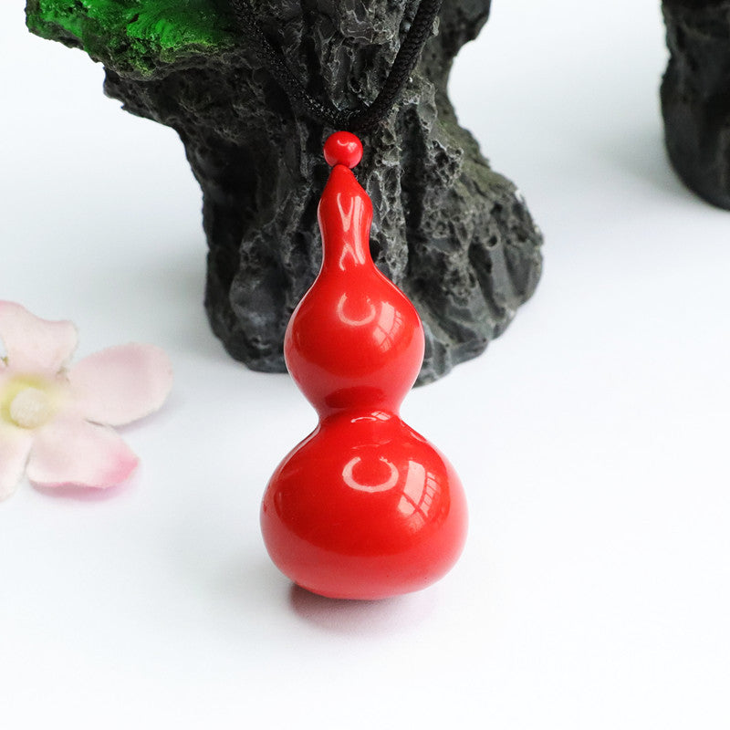 Red Sand Gourd Pendant with Cinnabar Stone Strung on a Sterling Silver Chain