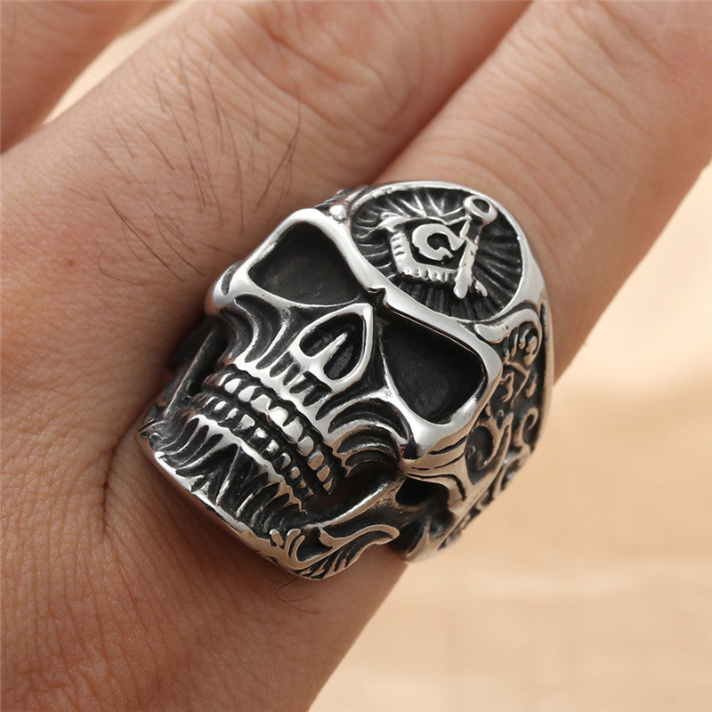 Titanium Steel Skull Ring for Men - Retro Freemason-Inspired Jewelry Accessory