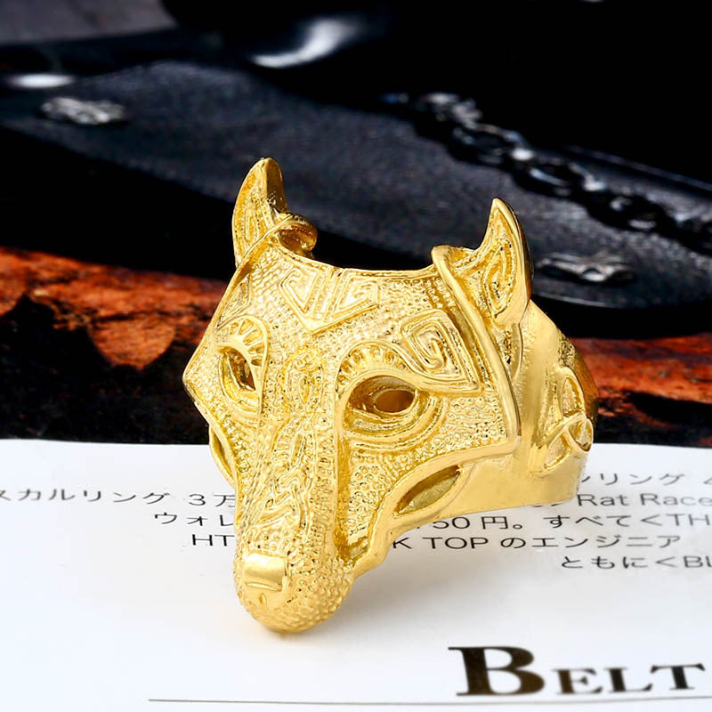 Titanium Steel Viking Wolf Head Ring for Men - Retro Electroplated Gold Design, Size 7-13