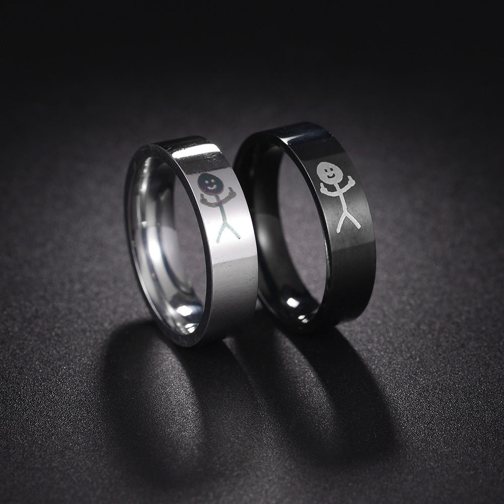 Stickman Pattern Titanium Steel Couple Rings with Inner Arc - Men's Jewelry