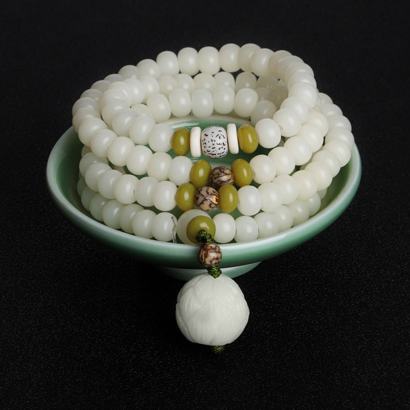 Lotus White Jade Bodhi 108 Buddha Beads Sterling Silver Bracelet