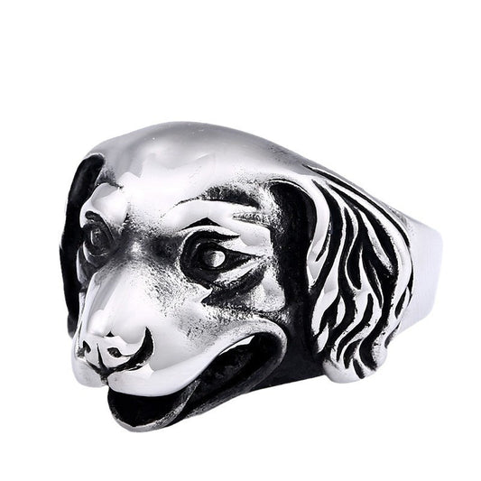 Retro Golden Retriever Head Titanium Steel Ring for Men - Edgy Punk Style, Sizes 7-13