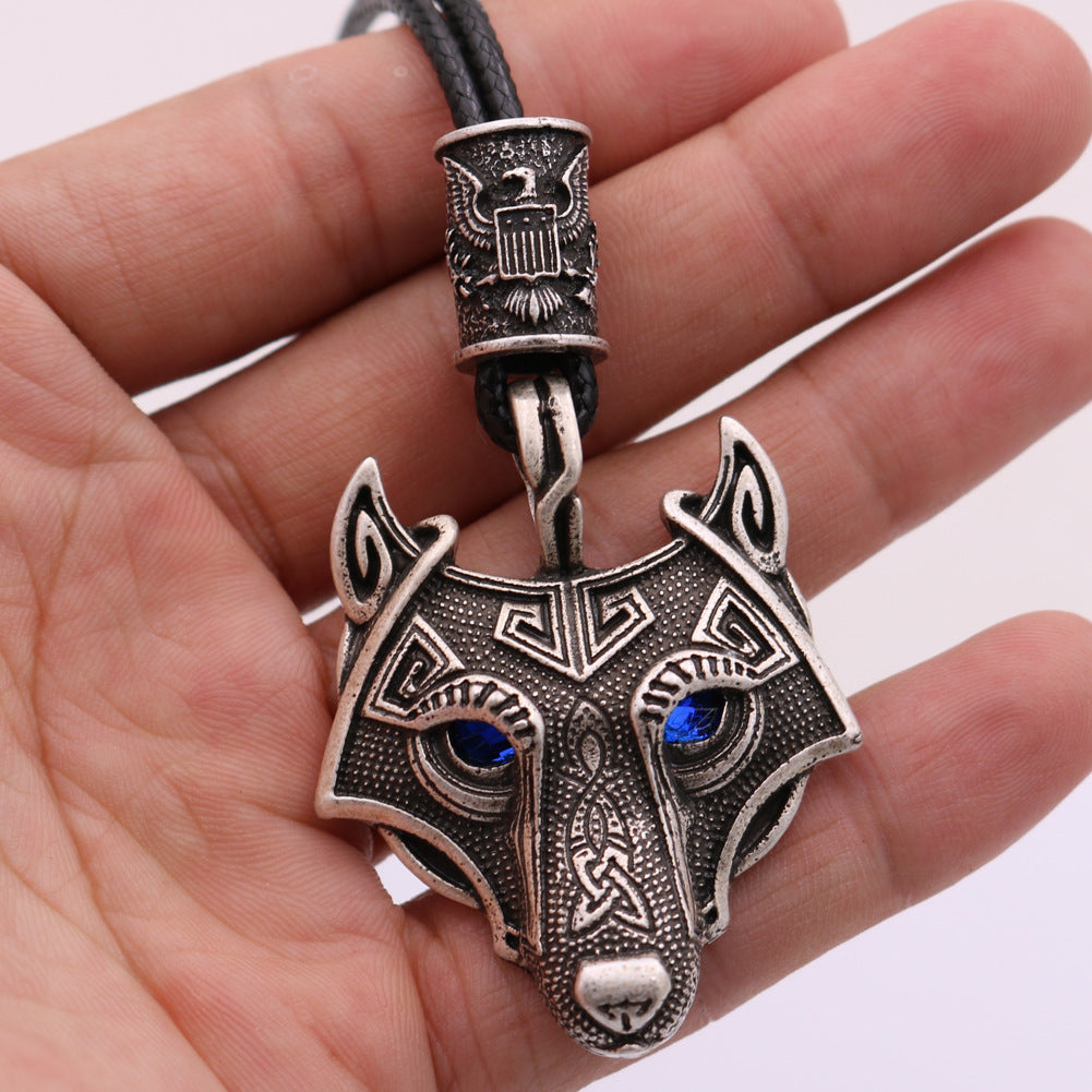 Viking Wolf Head Necklace with Celtic Knot Rune Beads for Men from Norse Legacy Collection