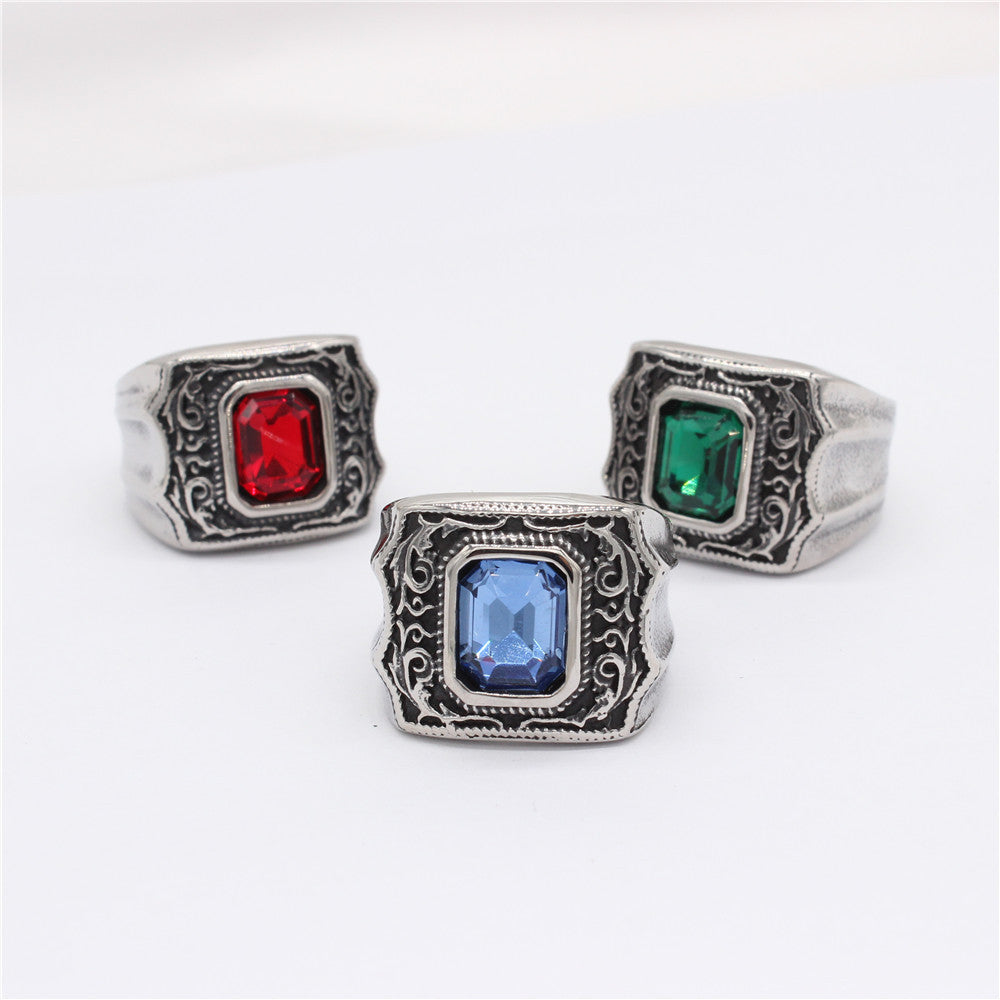 Palace Style Rectangle Zircon Titanium Steel Ring for Men