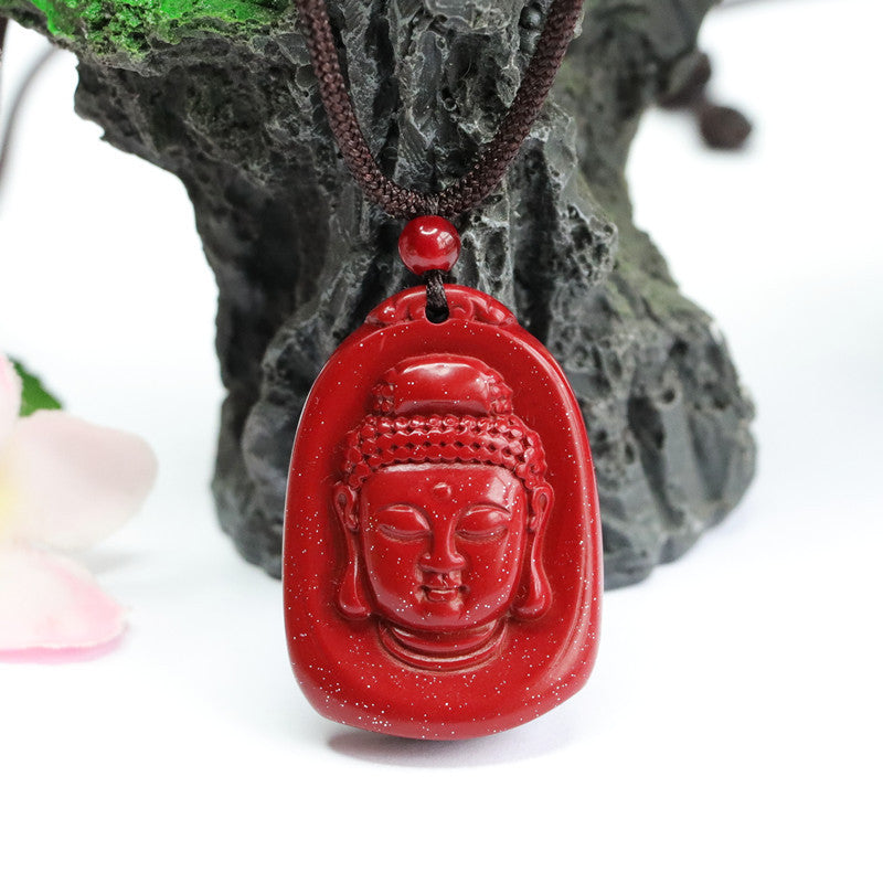 Purple Gold Buddha Head Pendant with Cinnabar Stone - Sterling Silver Jewelry