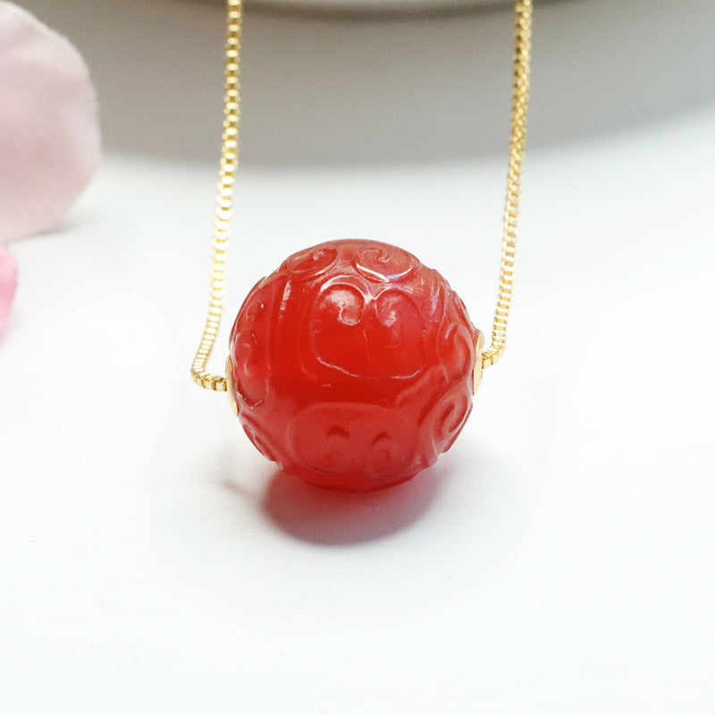 Natural Red Agate Auspicious Cloudscape Pattern Round Beads Pendant Golden Necklace Jewelry