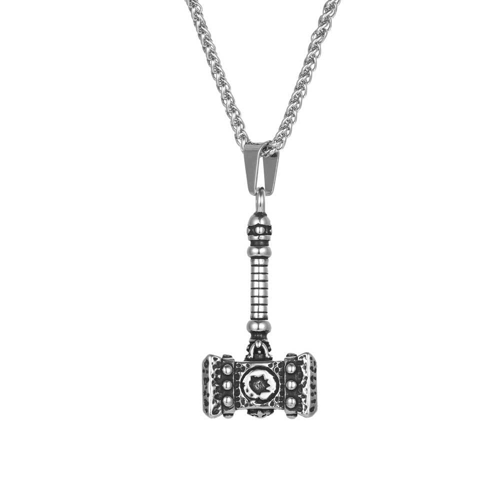 Warcraft Thor's Hammer Pendant Necklace for Men - Retro Stainless Steel Hip-Hop Accessory