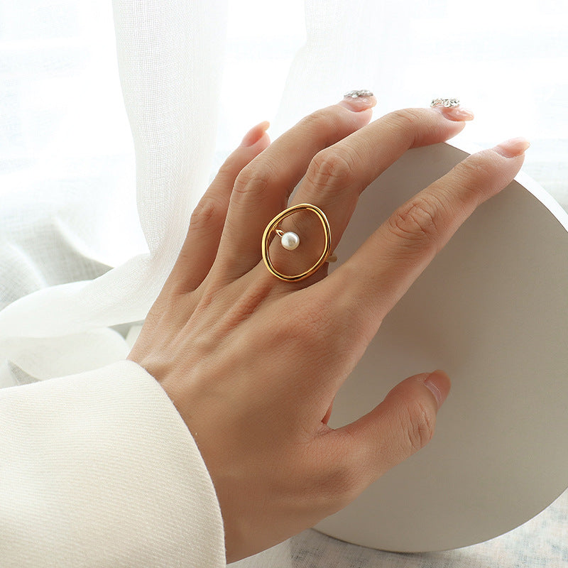 18K Gold Geometric Ring with Imitation Pearl Accent - Women's Fashion Jewelry