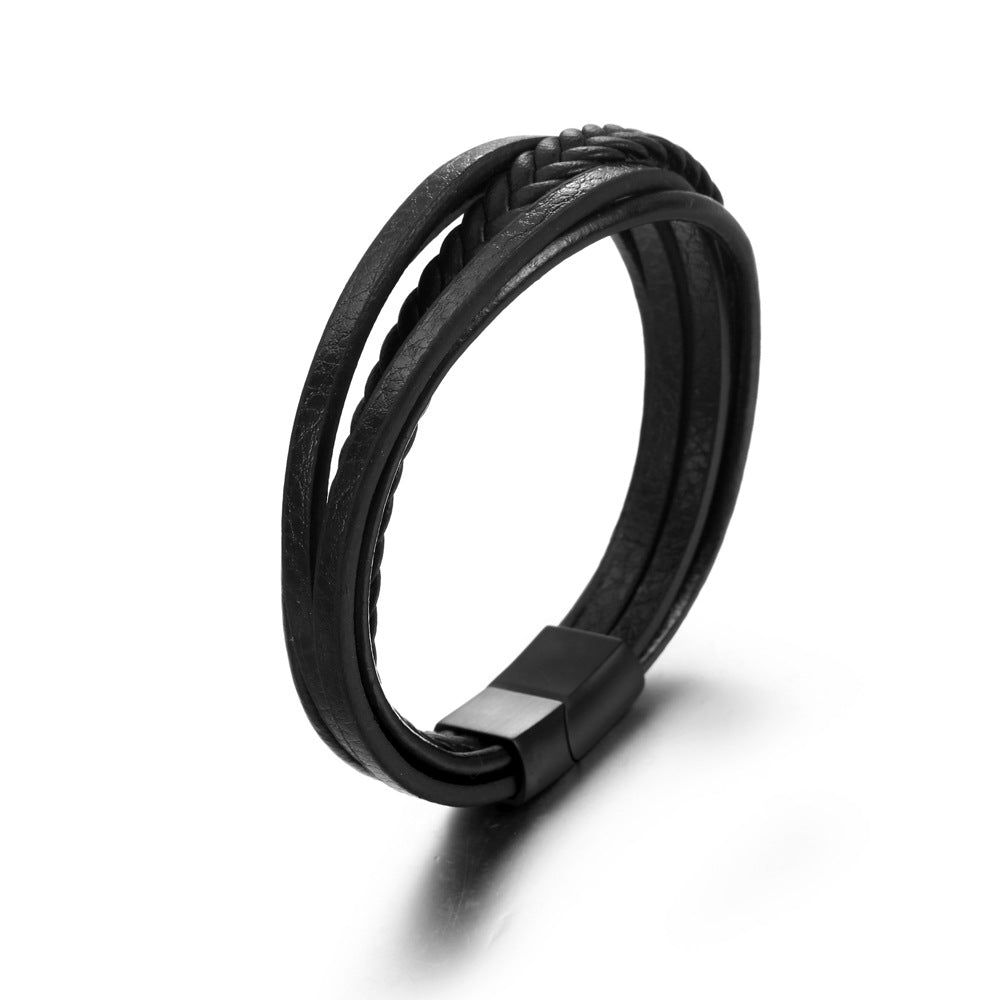 Men's Customizable Woven Leather Bracelet with Titanium Steel and Sleek Black Buckle