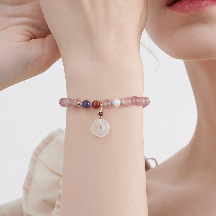 Elegant Ping An Buckle Bracelet for Women with Peach Blossom and Strawberry Crystal Beads