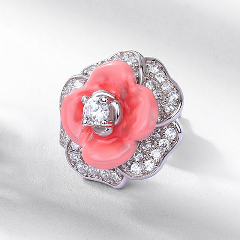 Zircon Red Camellia Flower Sterling Silver Stud Earrings