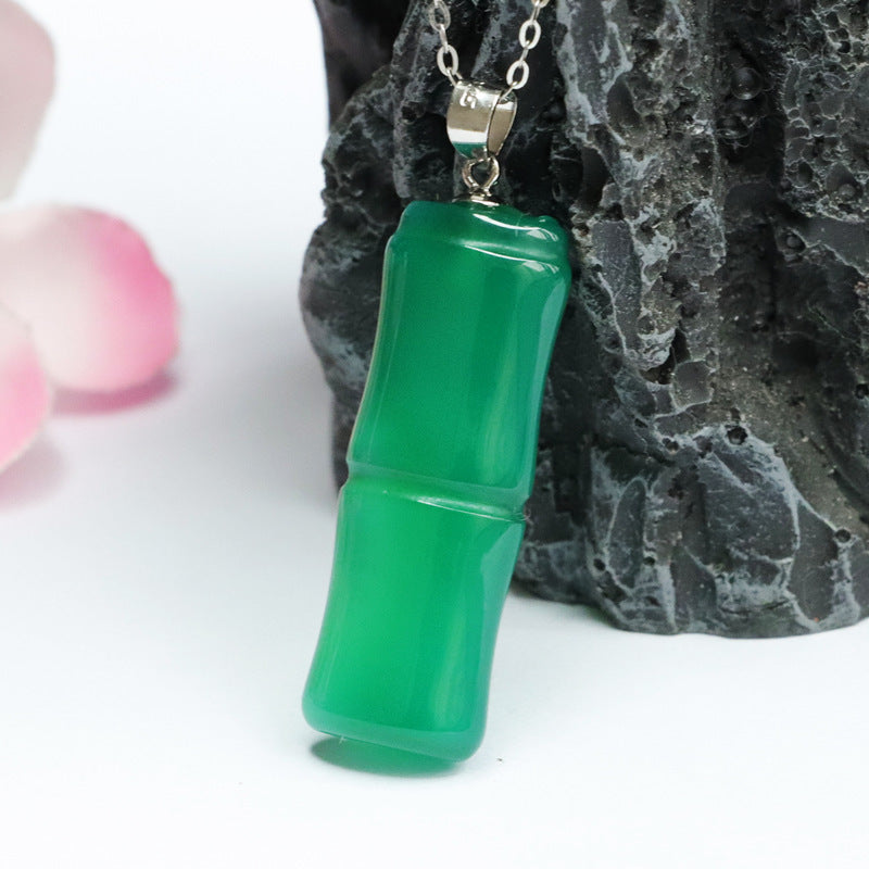 Sterling Silver Necklace with Green Chalcedony Bamboo Pendant