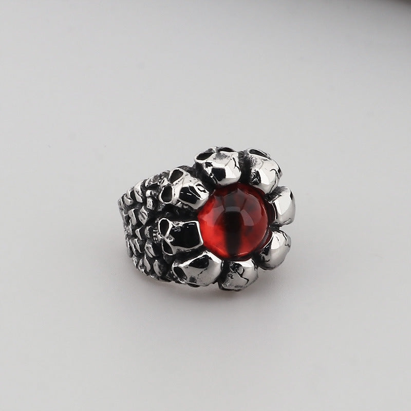 Punk-Style Devil's Eye Ring with Exaggerated Red/Green Design, Skull Feather Titanium Steel for Men