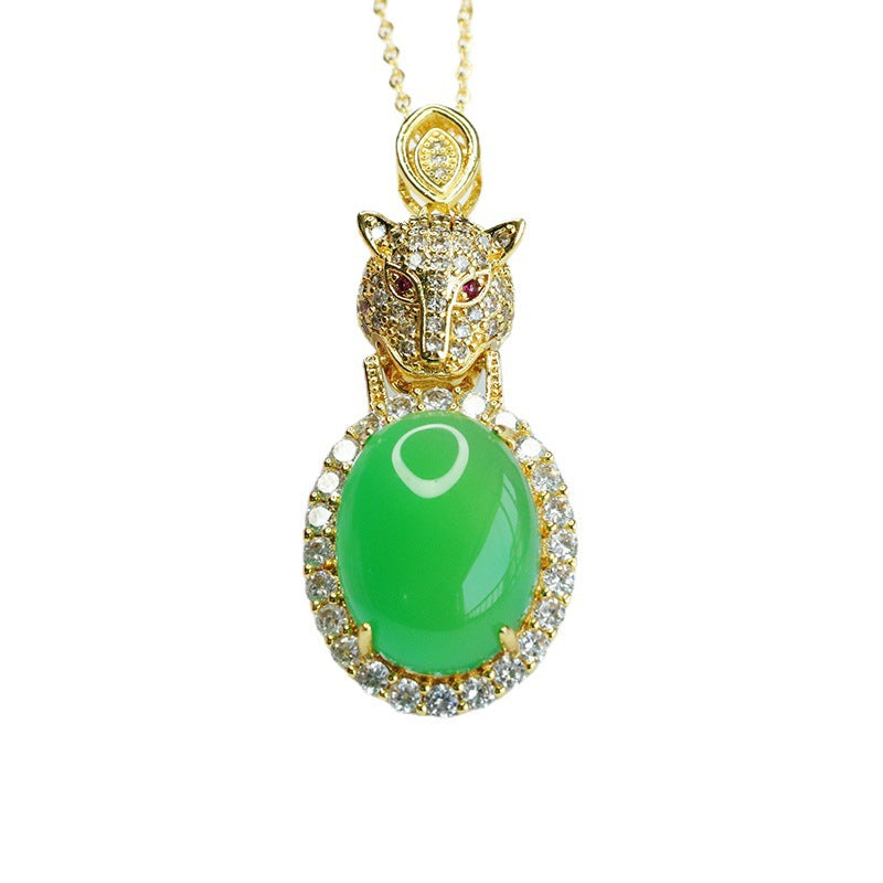 Emperor Green Chalcedony Leopard Head Pendant with Oval Ice Zircon