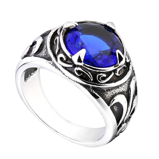 Engraved Vintage Titanium Steel Ring for Men with Color Stone - Personalized Handcrafted Jewelry