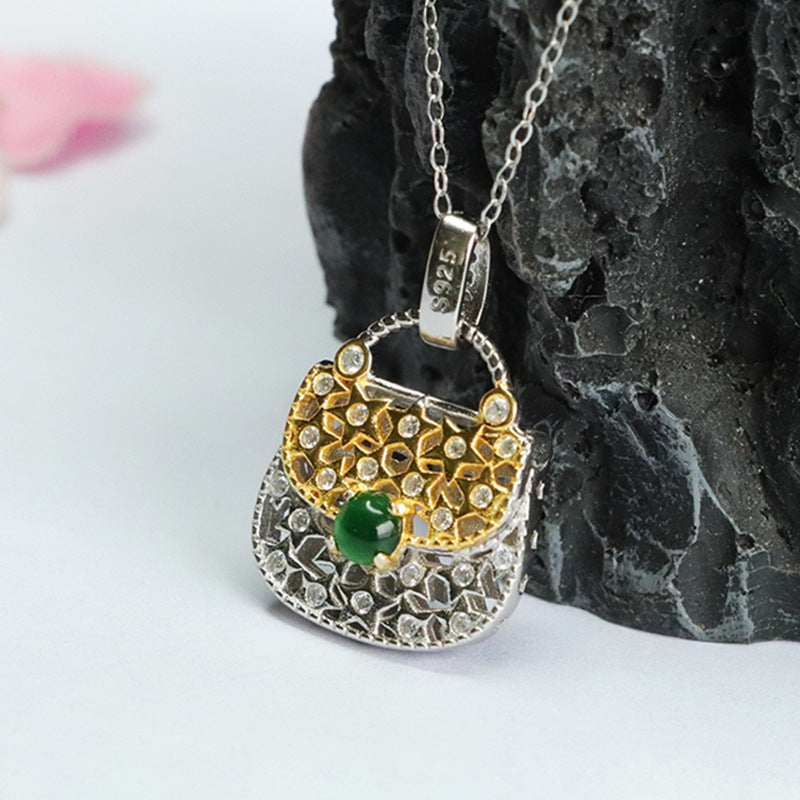 S925 Sterling Silver Jade Zircon Hollow Bag Necklace with Ice Emperor Green Jade