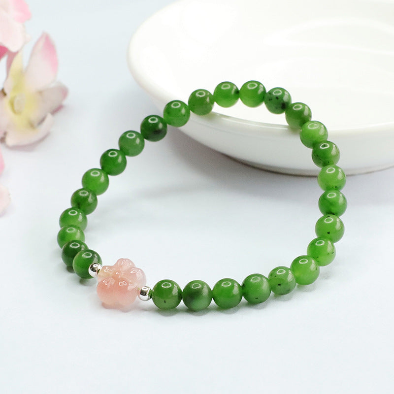 Hetian Jade and Agate Flower Jasper Bracelet with Sterling Silver Charm